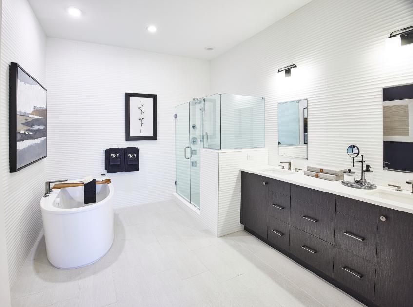 The primary bath features dual-sink vanity, free-standing tub, and large shower