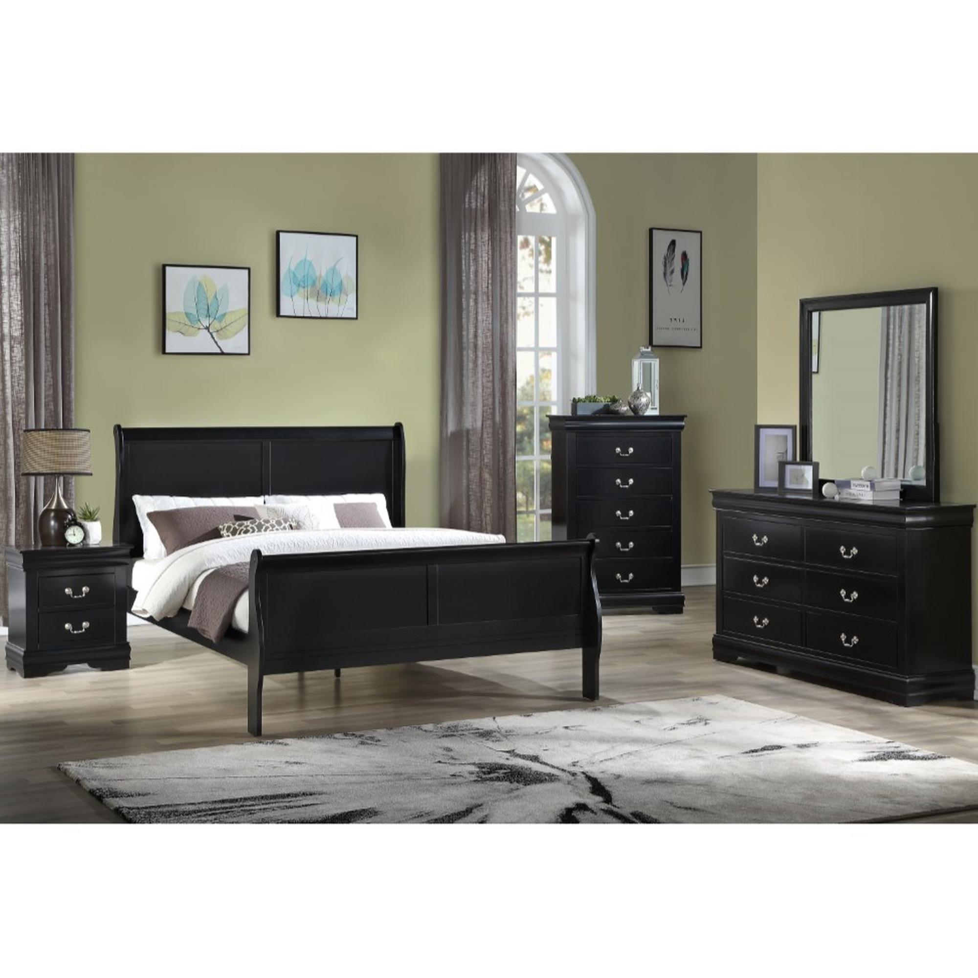 Queen Louis Philip Bed - Black, Chest, Dresser, Mirror, Nightstand
