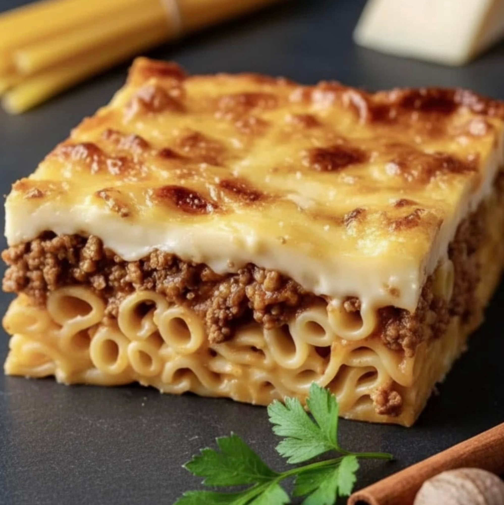 Pastitsio Served with Pea Stew and Oven Lemon Potatoes