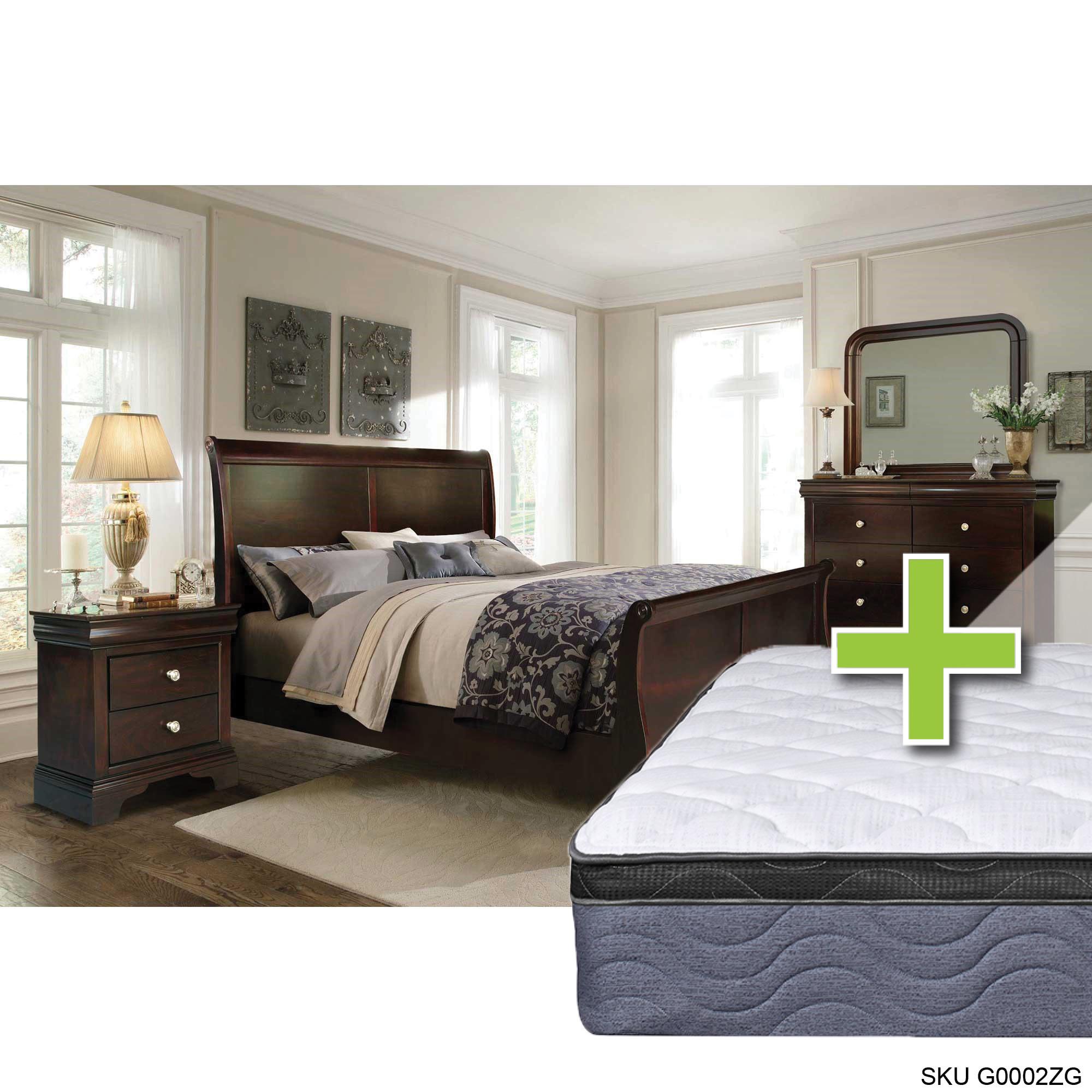 Queen Dominique Bed w/9.5" Tight Top Extra Firm Memory Foam Mattress & Dresser, Mirror, Nightstand