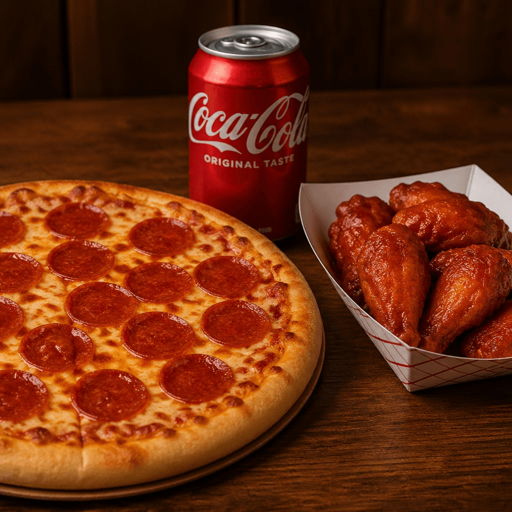Medium Pizza Meal (1 medium pepperoni pizza, 6 wings, and a soda can)