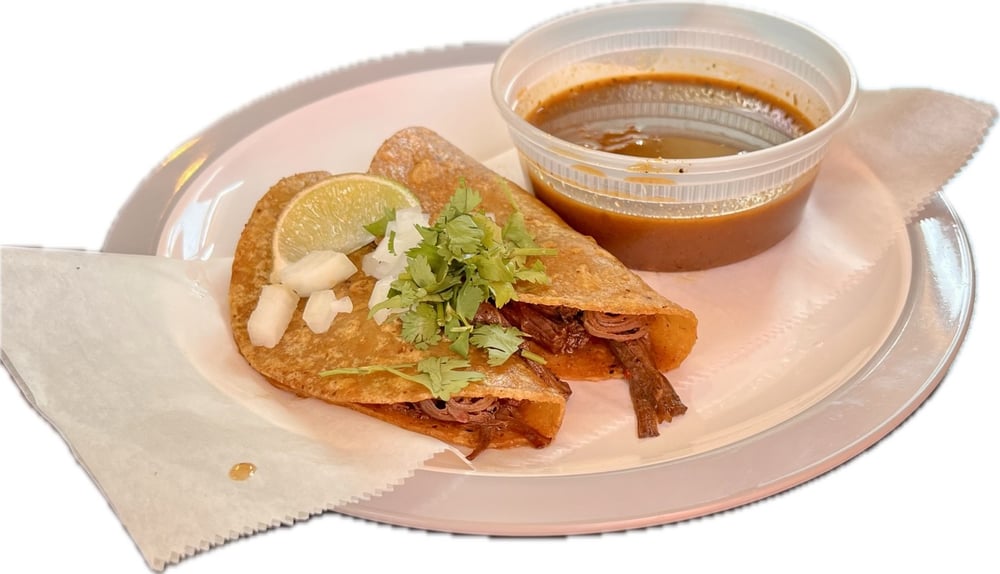 Birria Tacos On 2 Corn Tortillas, Consumme, Cilantro, Onions, Lime