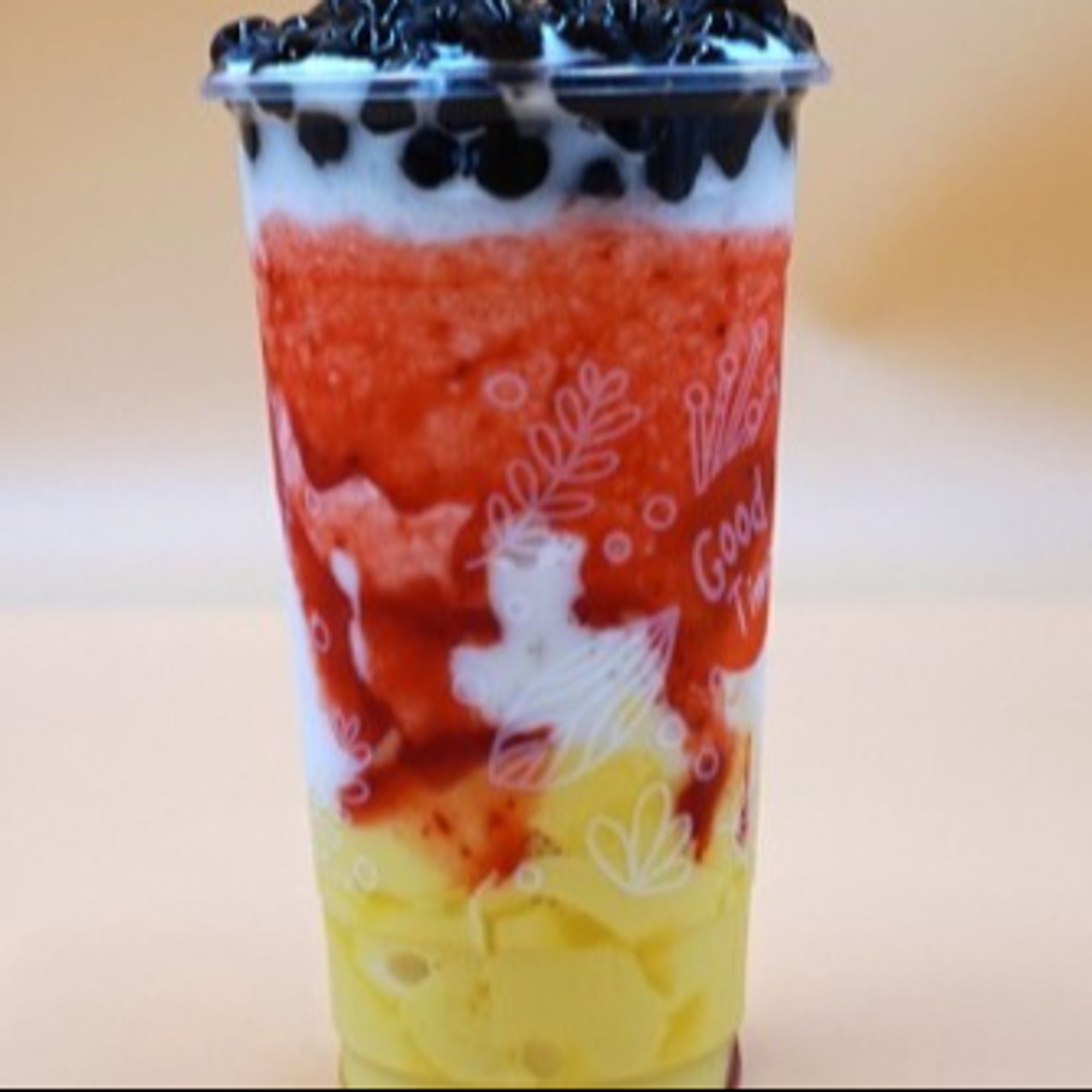 I08. Iced Milk Drink W/ Strawberry, Pudding, & Honey Boba