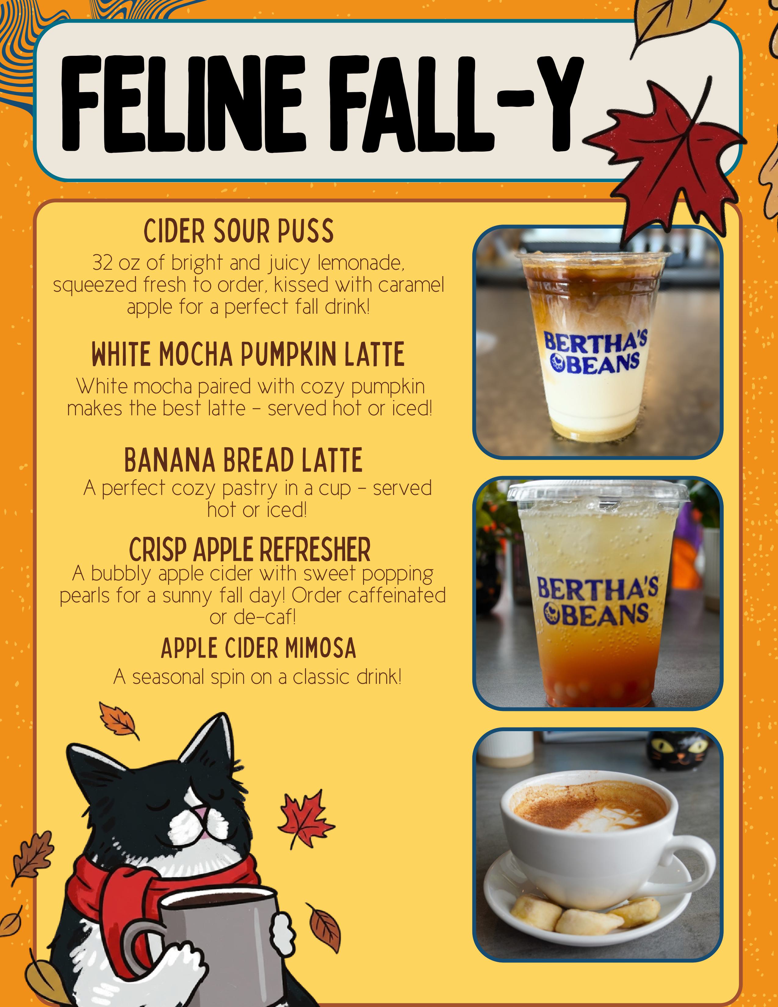 Bertha's Beans Cat Cafe Fall Seasonal Drinks Menu