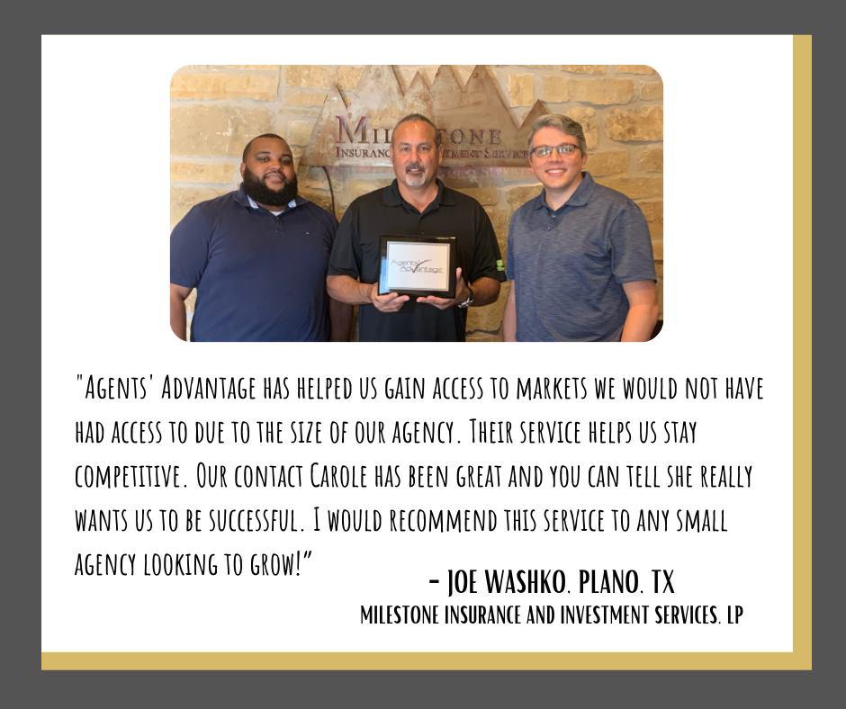 We are thankful to have Milestone Insurance and Investment Services LP as a member of Agents' Advantage! Read more testimonials here: https://bit.ly/3FmUO2f  StayCompetitive  DirectMarketAccessMadeEasy  P&CInsurance
