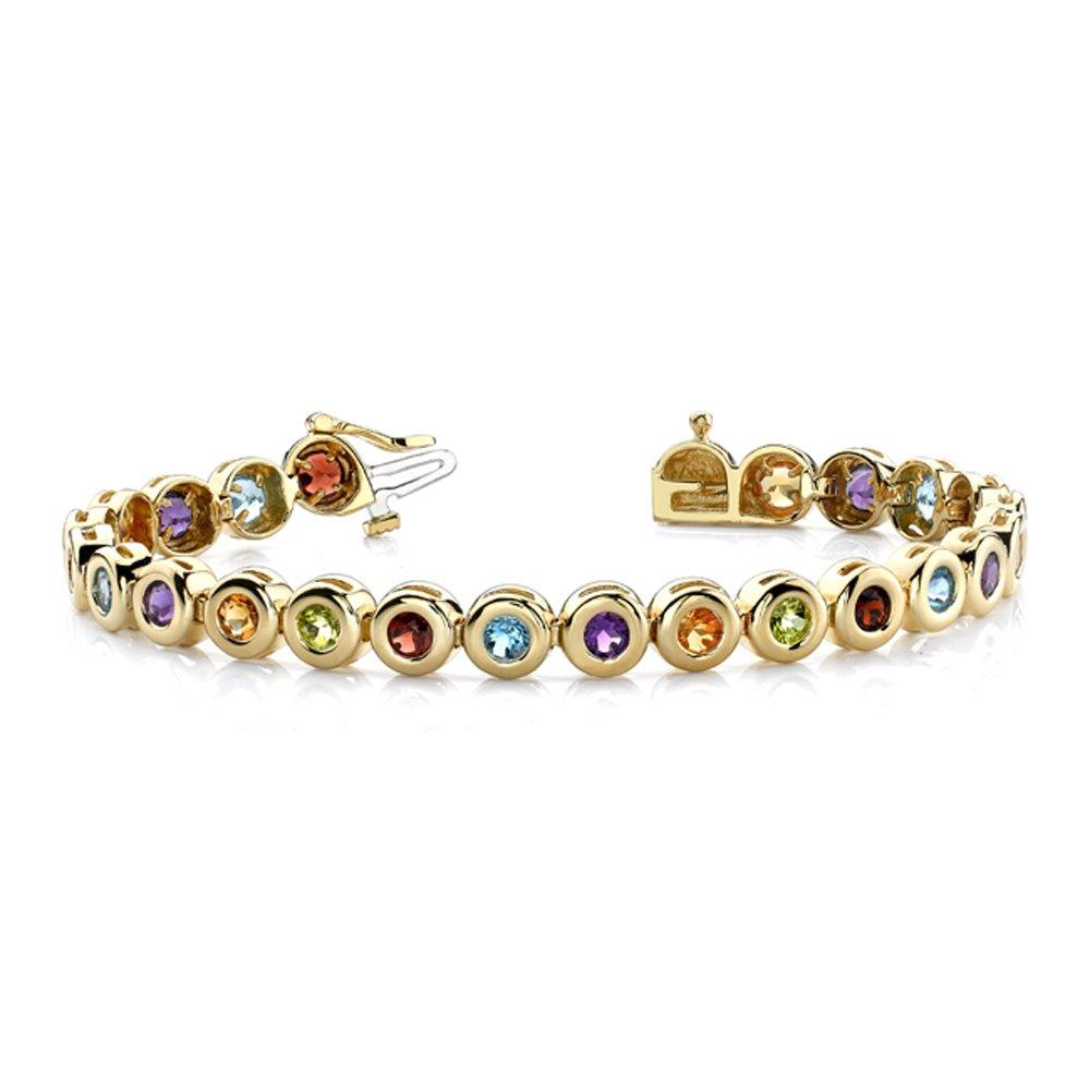 This bursting with radiant color, this 14k yellow gold and round-cut multi-gemstone bracelet features round garnet, peridot, blue topaz , amethyst and citrine stones in a thick bezel setting.