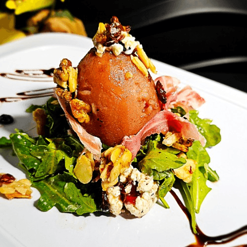 Organic Wine Poach Pear with Prosciutto & Goat Cheese