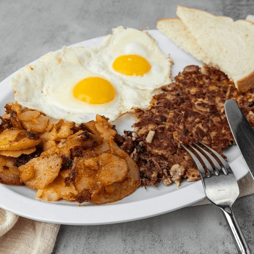 2 Extra Large Eggs with Homemade Corned Beef Hash