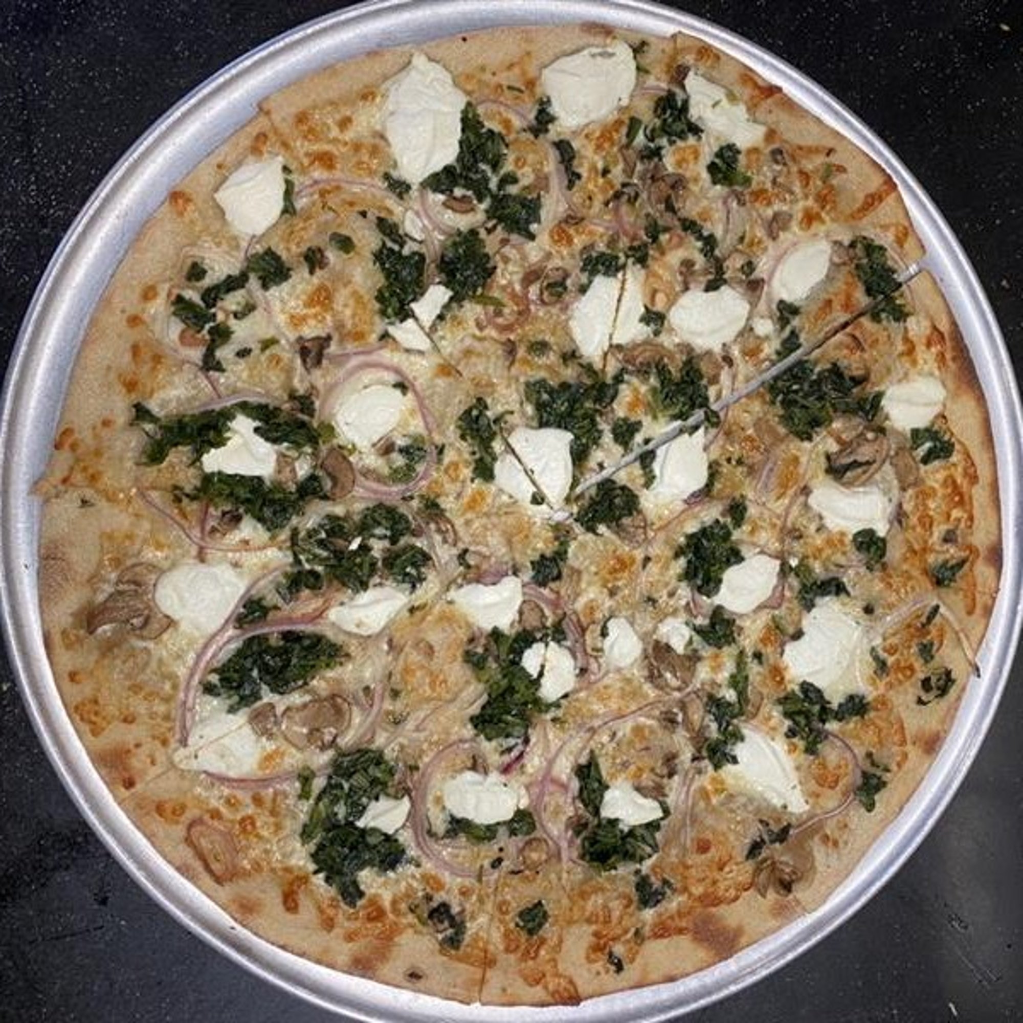 White Pie w/ Spinach Shrooms & Onion
