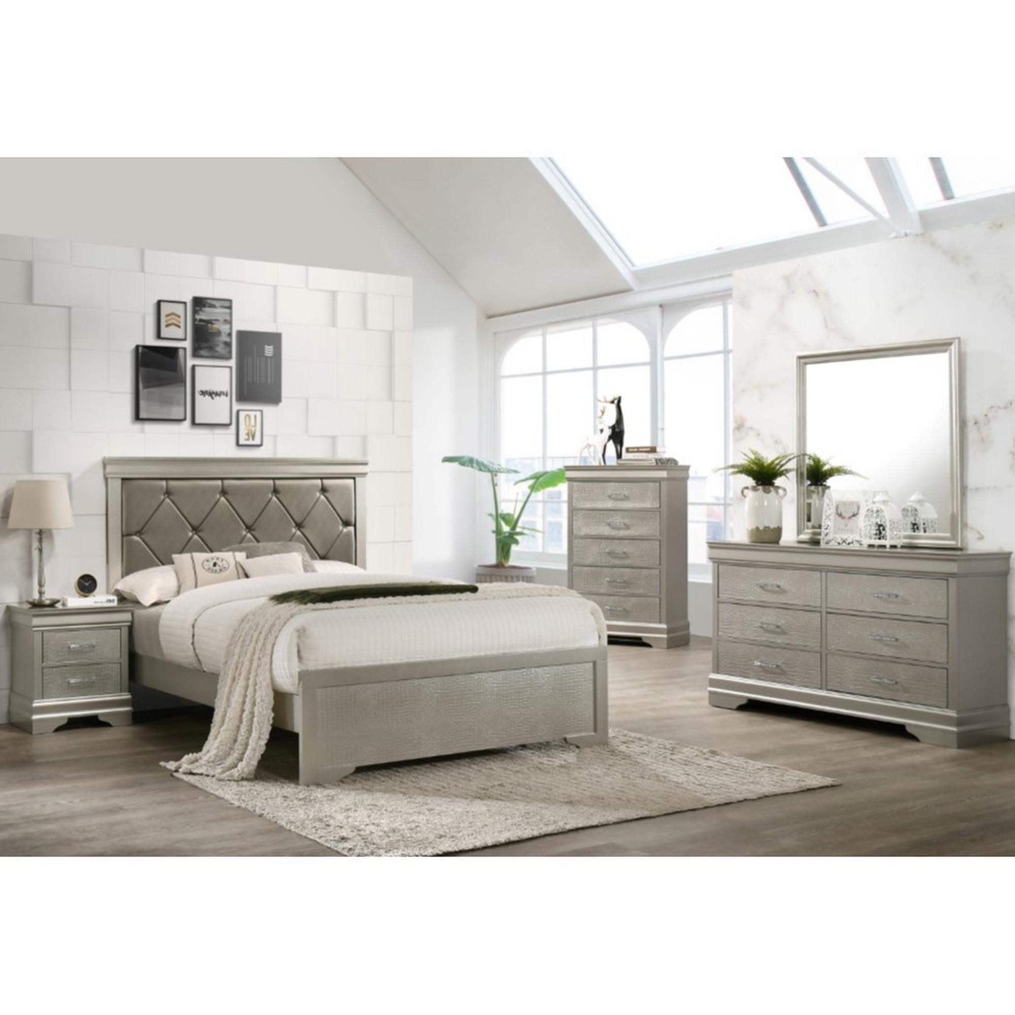 King Amalia Bed - Platinum w/Chest, Dresser, Mirror, Nightstand