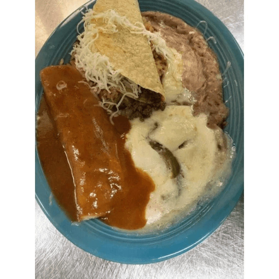 20. One Chile Relleno, One Beef Enchilada, One Beef Taco, Rice & Beans