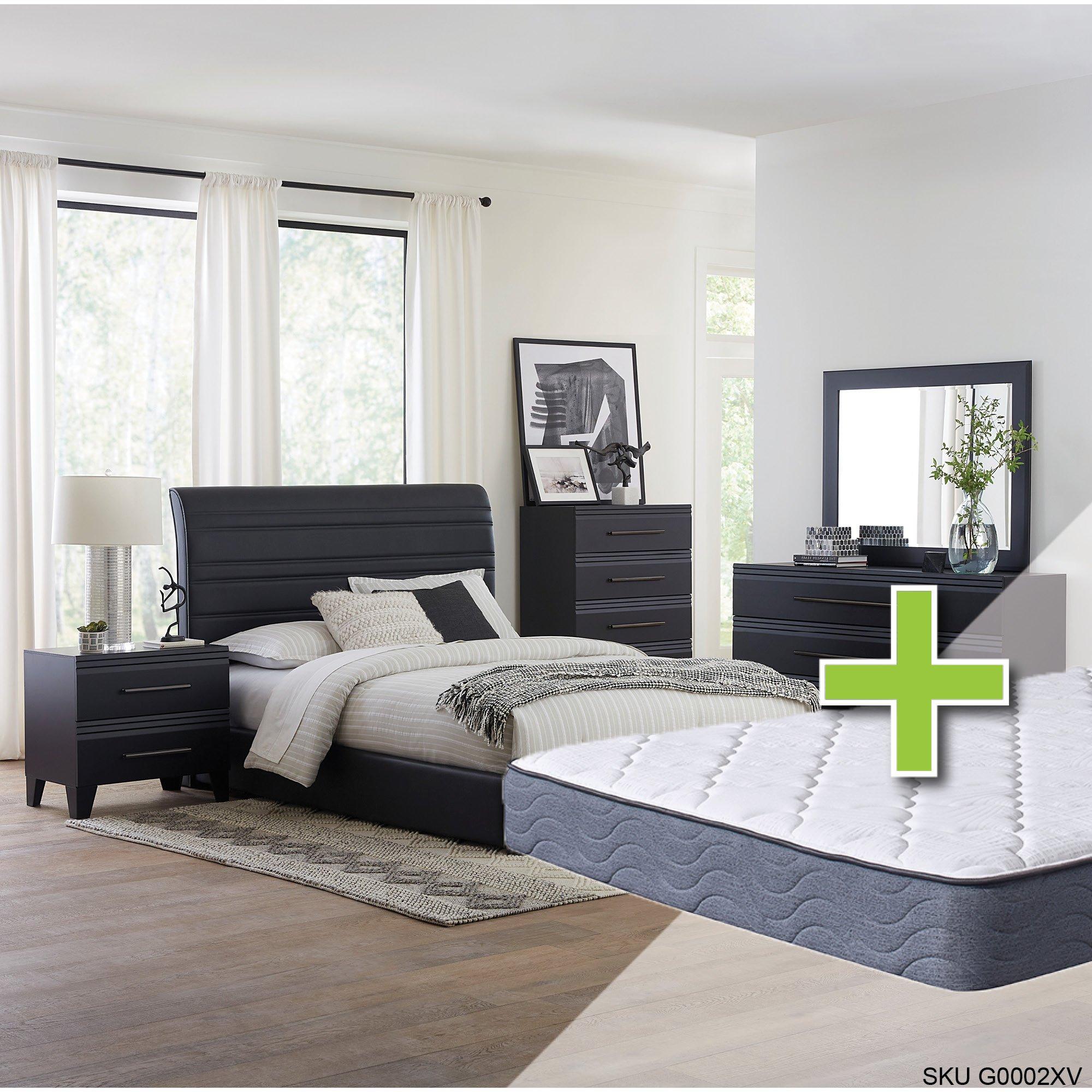 Queen Domestica Bed w/9.5" Tight Top Extra Firm Memory Foam Mattress & Dresser, Mirror, Nightstand