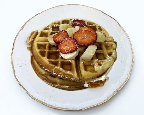 Belgian Waffles Topped with Bananas, Strawberries