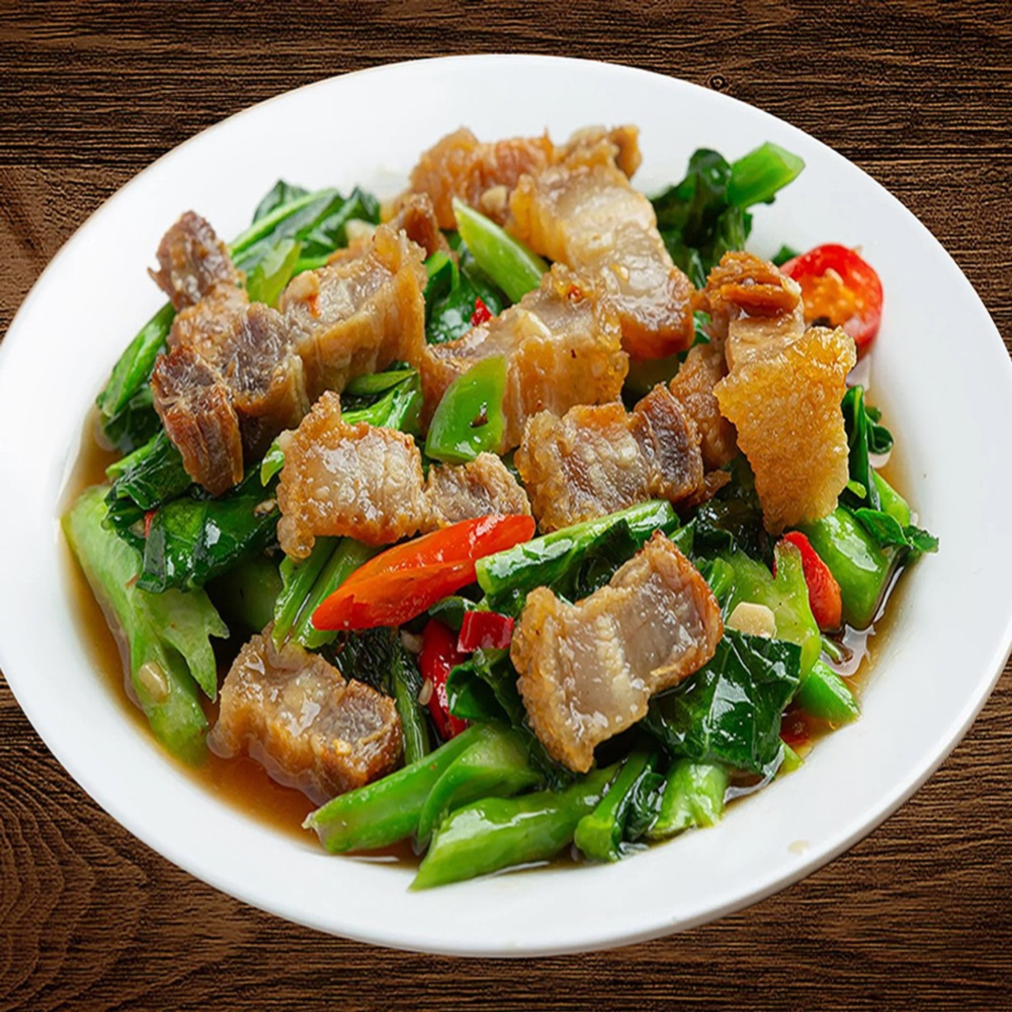 Chinese Broccoli, Crispy Pork and Rice