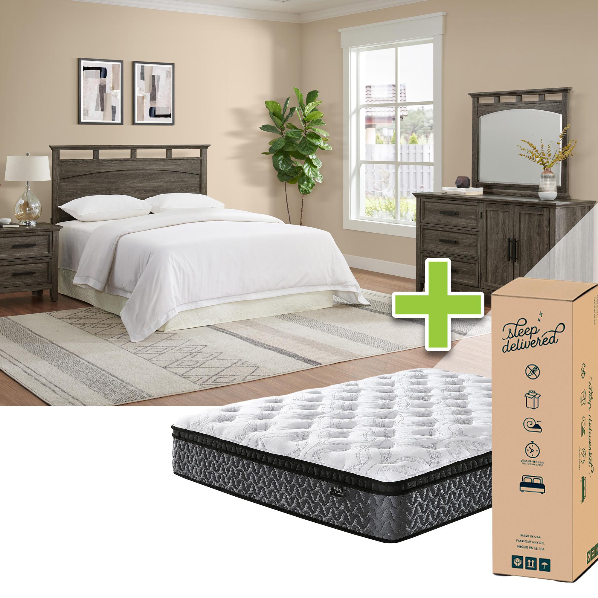 Queen Matias Bed w/Highland Plush Pillow Top Mattress & Dresser, Mirror, Nightstand