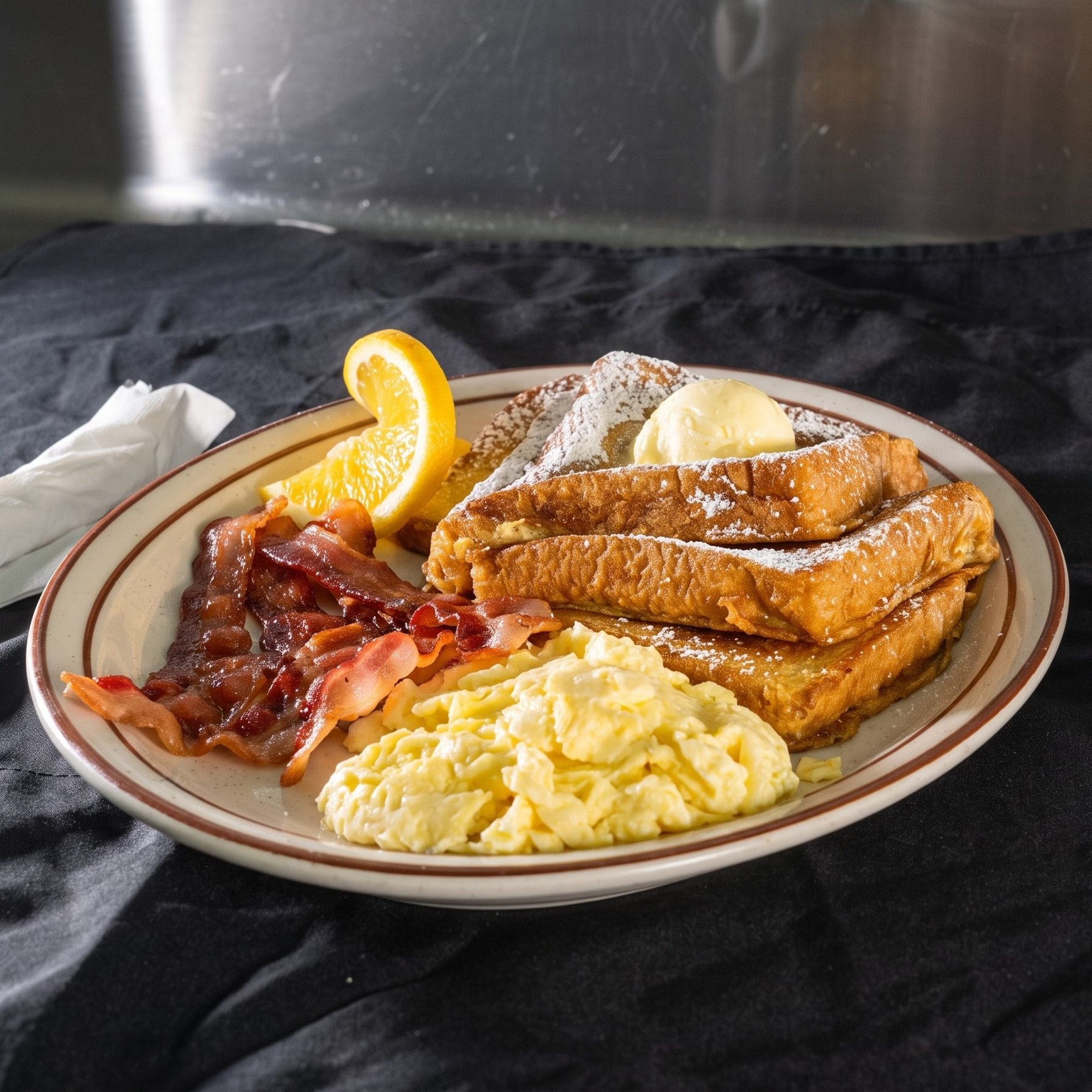 3 French Toast, 4 Bacon or Sausage & 3 Eggs