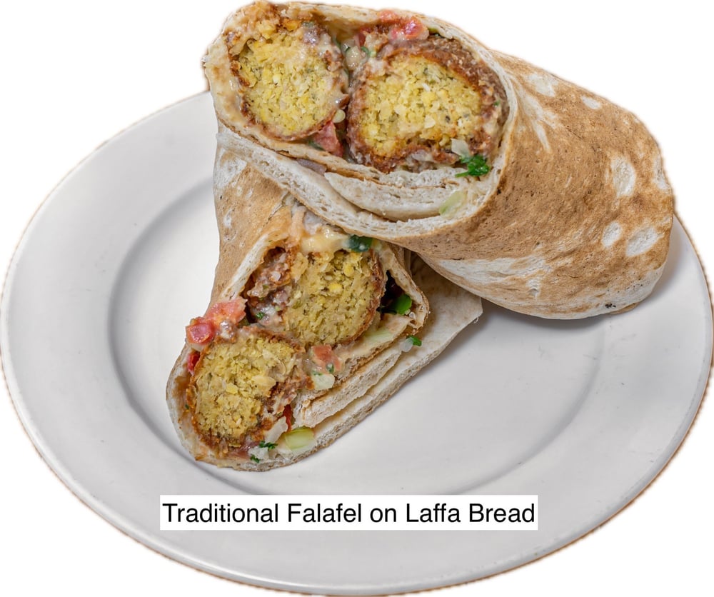 Traditional Chickpea Falafel, tahini, hummus, israeli salad
