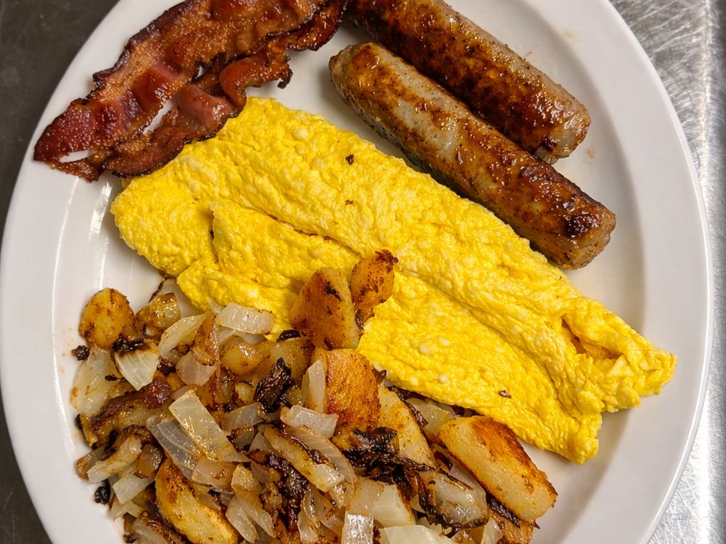 Two Eggs, Two Country Sausages & Two Bacon Slices, Home Fries and Toast