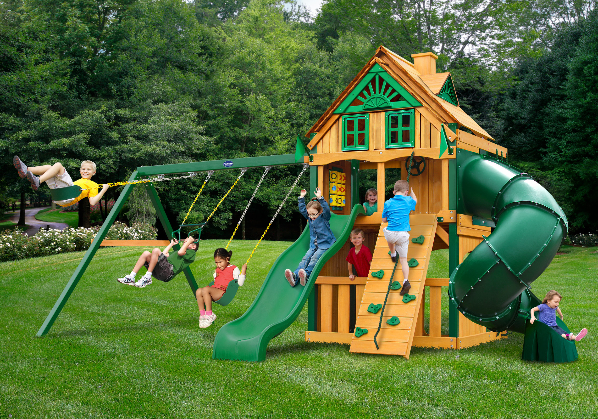 Horizon Clubhouse w/ Tube Slide & Treehouse Wood Roof w/ Fort Add-On
