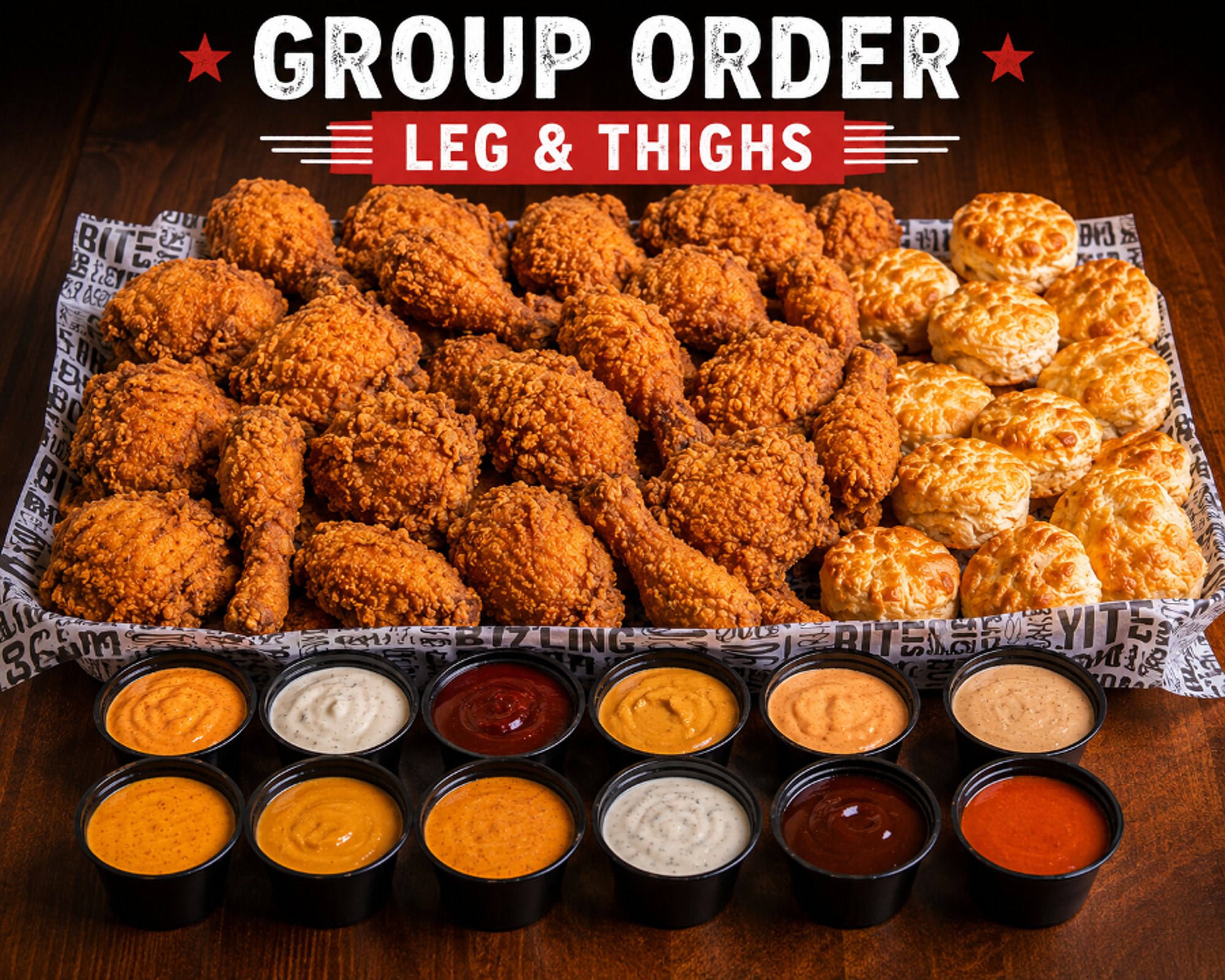 8 Pieces (Bone-In), 4 Sauces, 4 Rustic Butter Biscuits