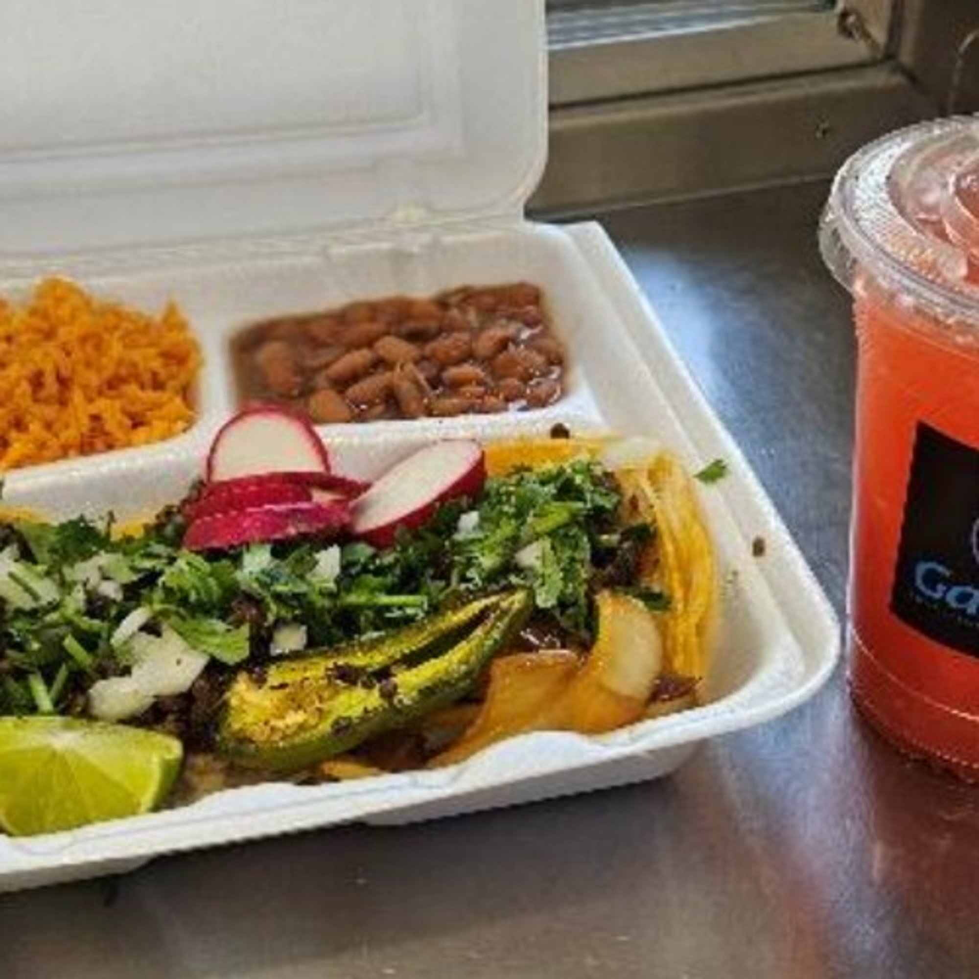 Combo #1 (3 Street Tacos With Rice, Beans And A Drink.