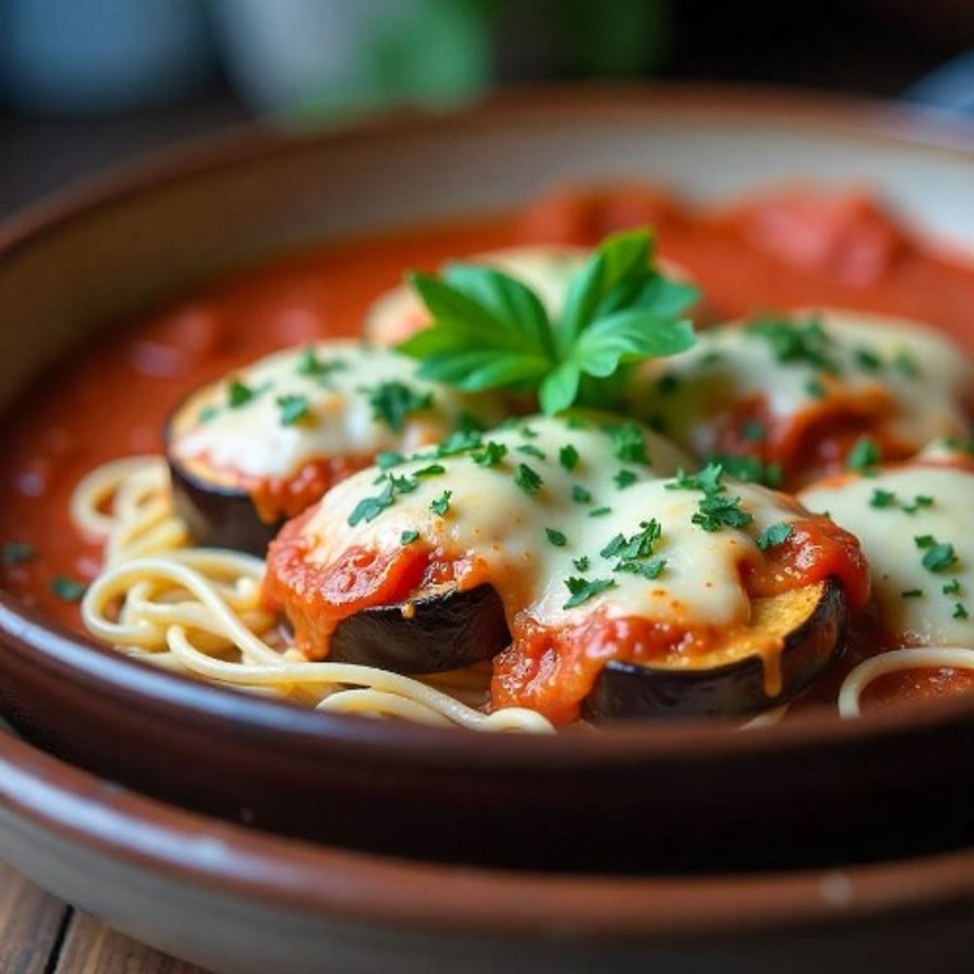 Spaghetti or Ziti with Sauce and Eggplant Parmesan