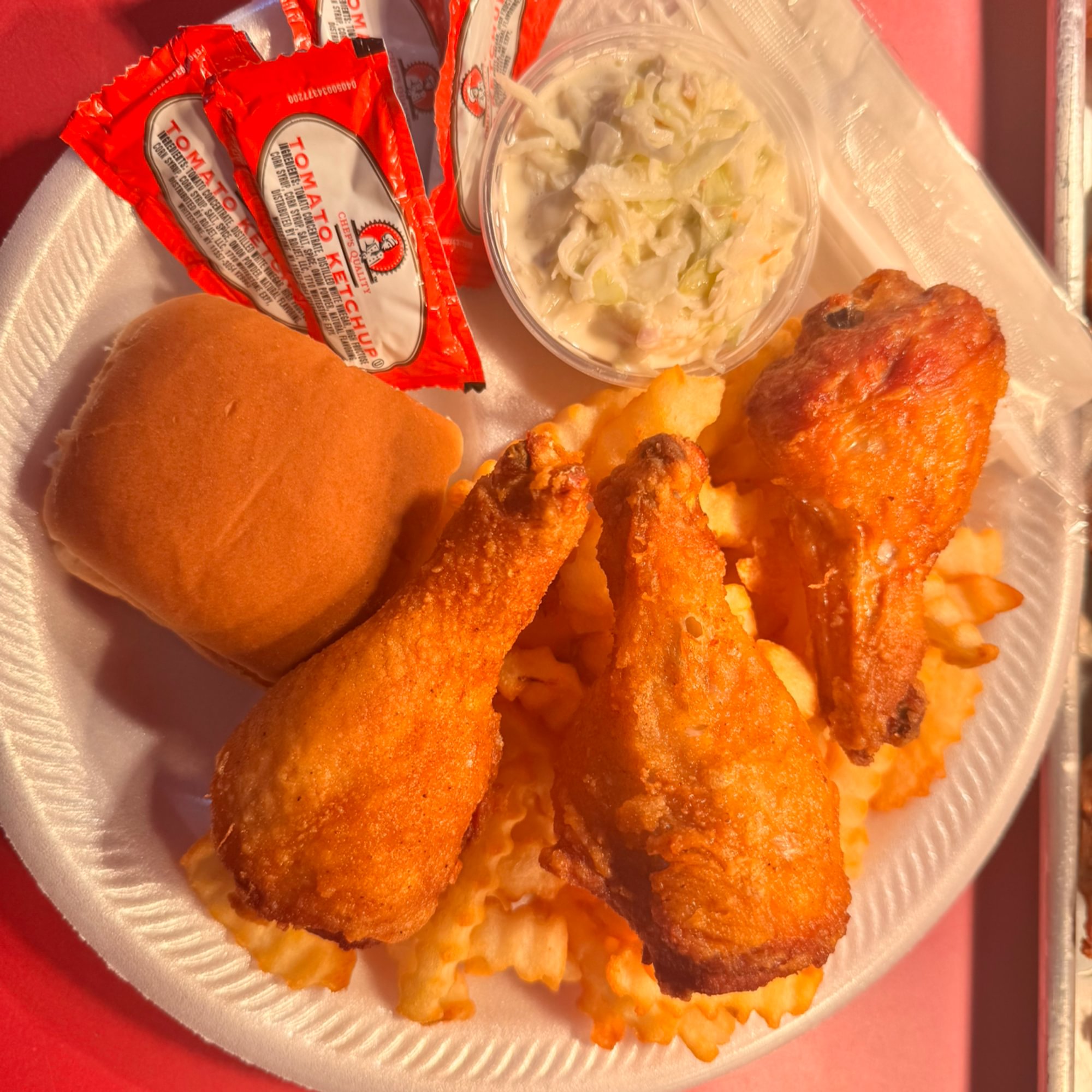 3 PC Leg Dinner Includes Fries, slaw & Roll