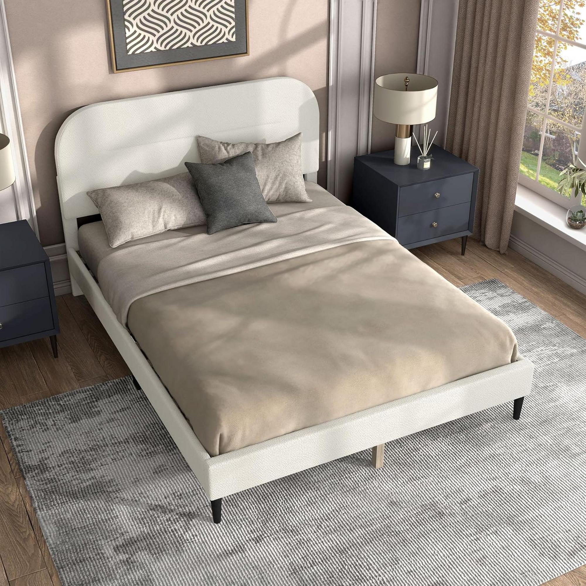 Celestia Queen Boucle Bed Frame with Rounded Headboard, White