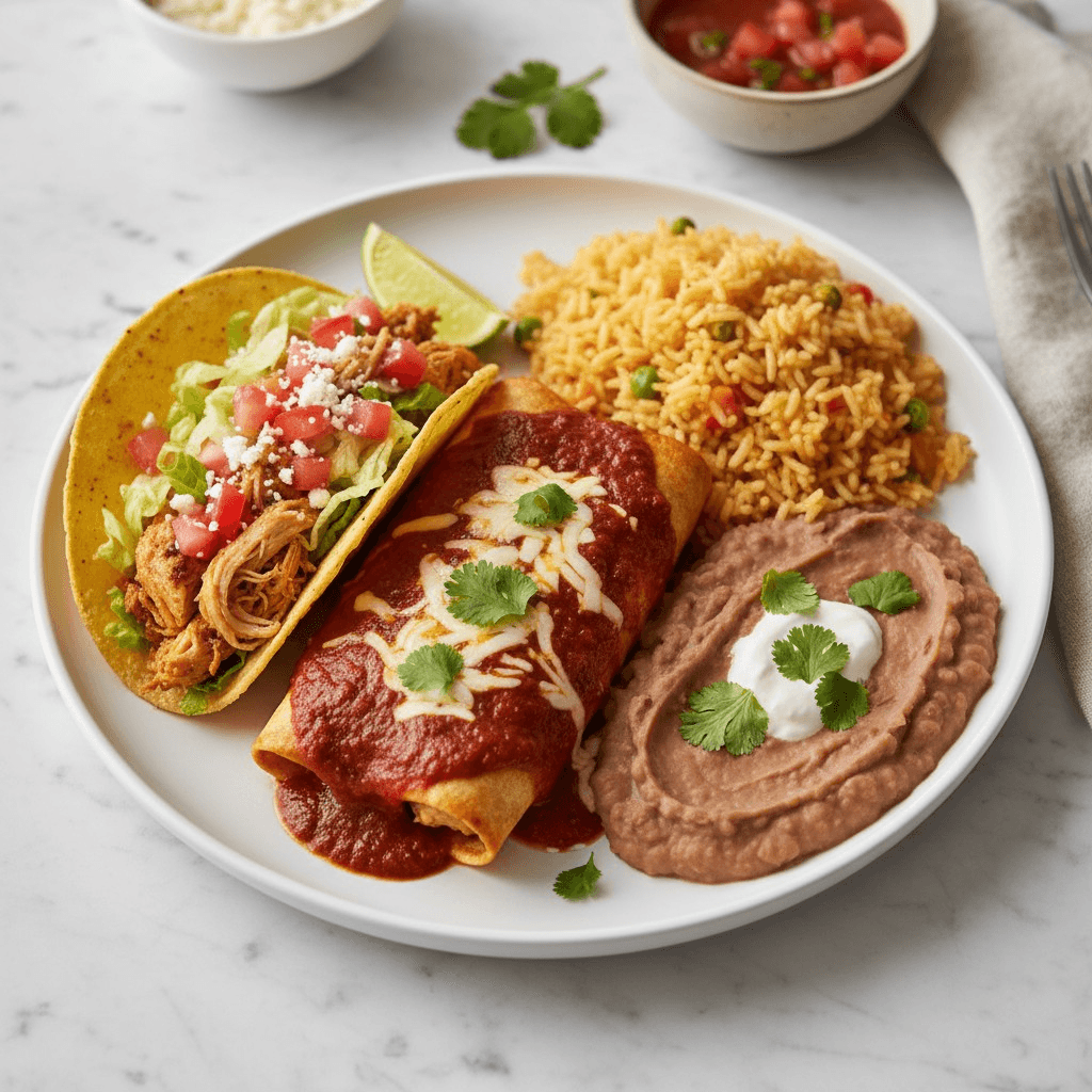 6. Taco, Enchilada, Rice and Beans