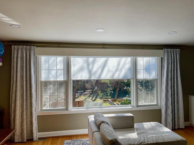 One of the best ways to dress up picture windows is to frame them! That's what we did in this Alexandria home-Draperies to frame the windows, Roller Shades to cut the glare!  BudgetBlindsArlingtonAlexandria  AlexandriaVA  RollerShades  CustomDraperies  FreeConsultation  WindowWednesday