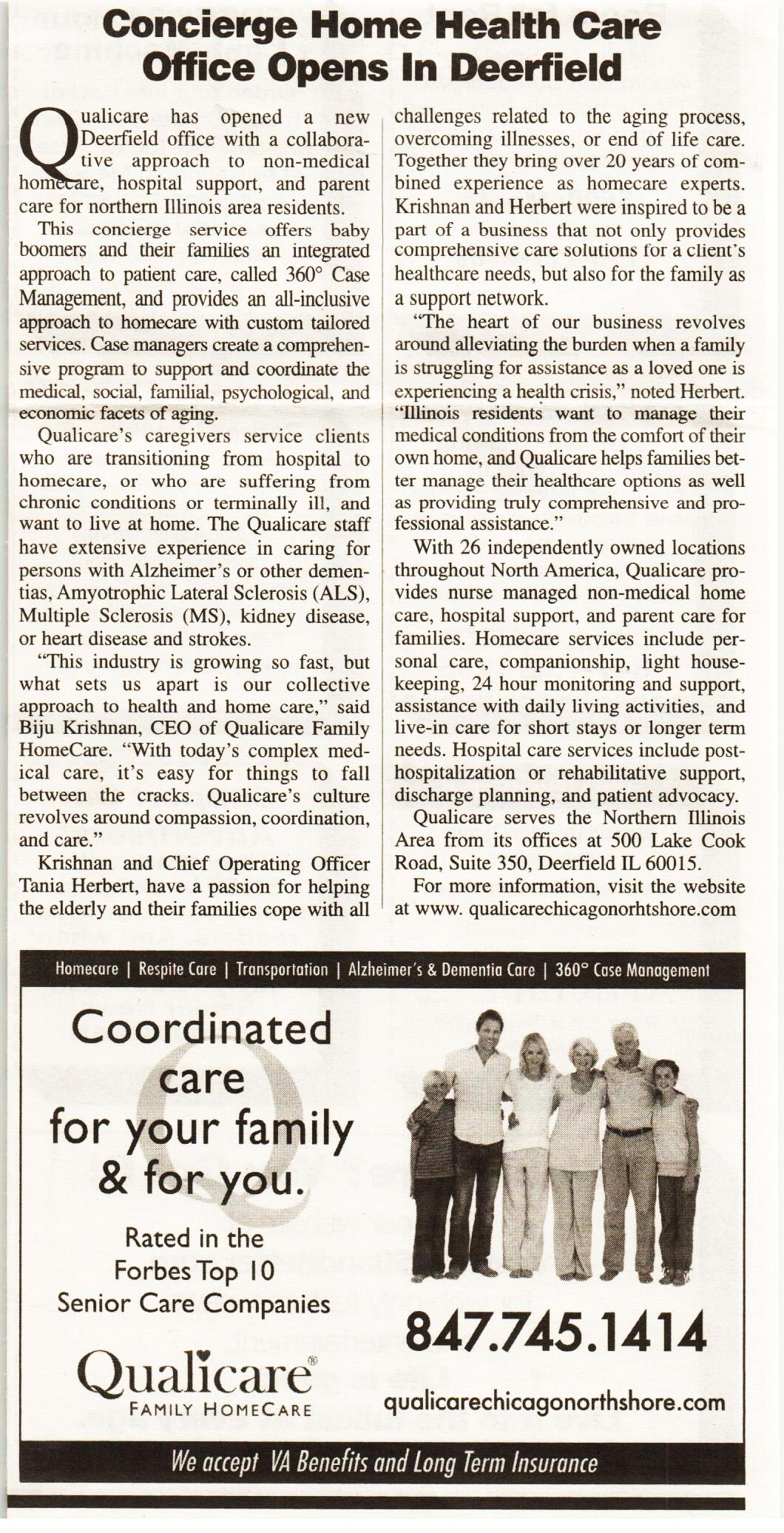 Qualicare Family Homecare in the August issue of Chicagoland's Senior News. 