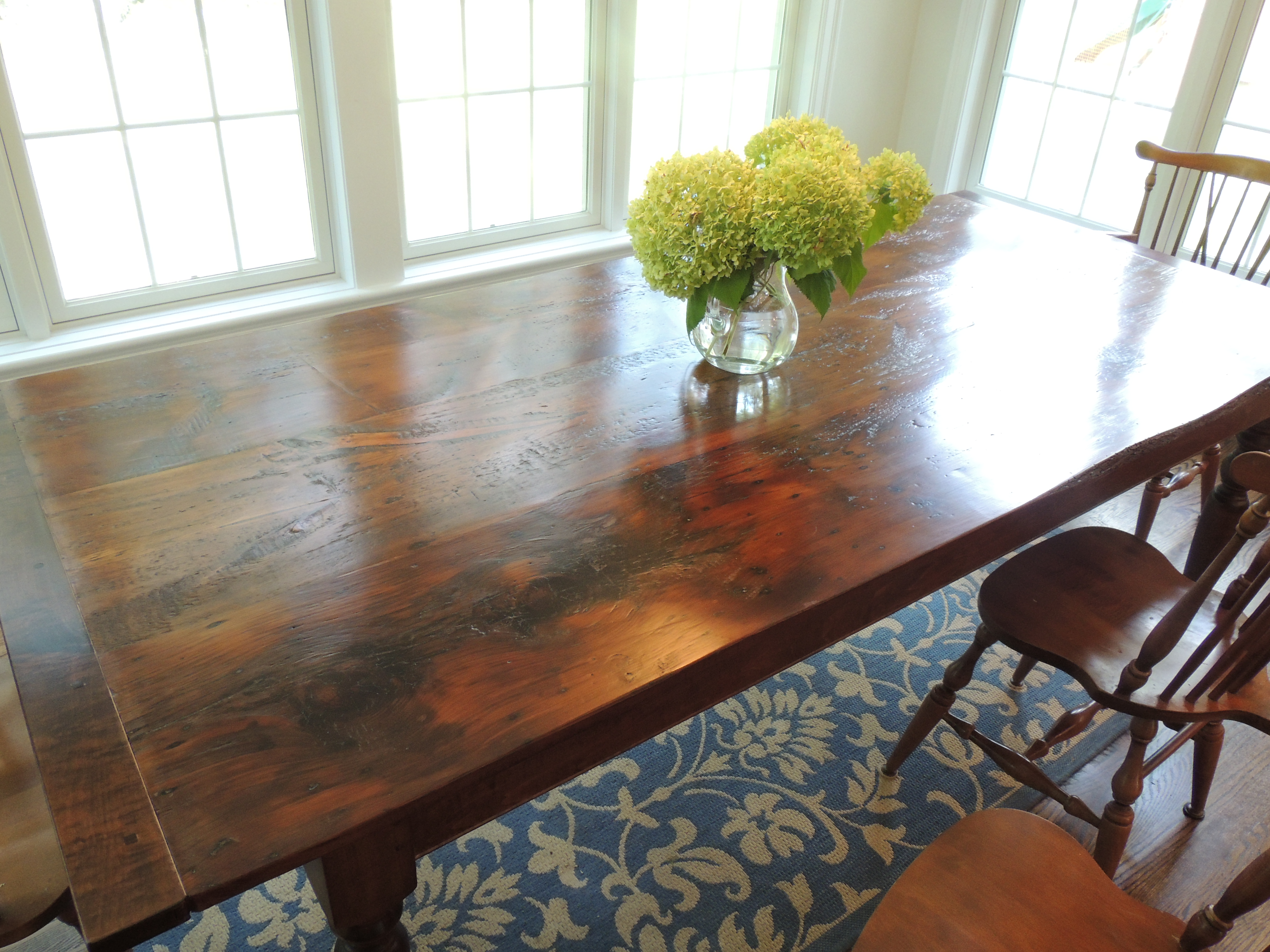 Handmade Farm Table in Reclaimed Pine with Tiger Maple Bread Board ends