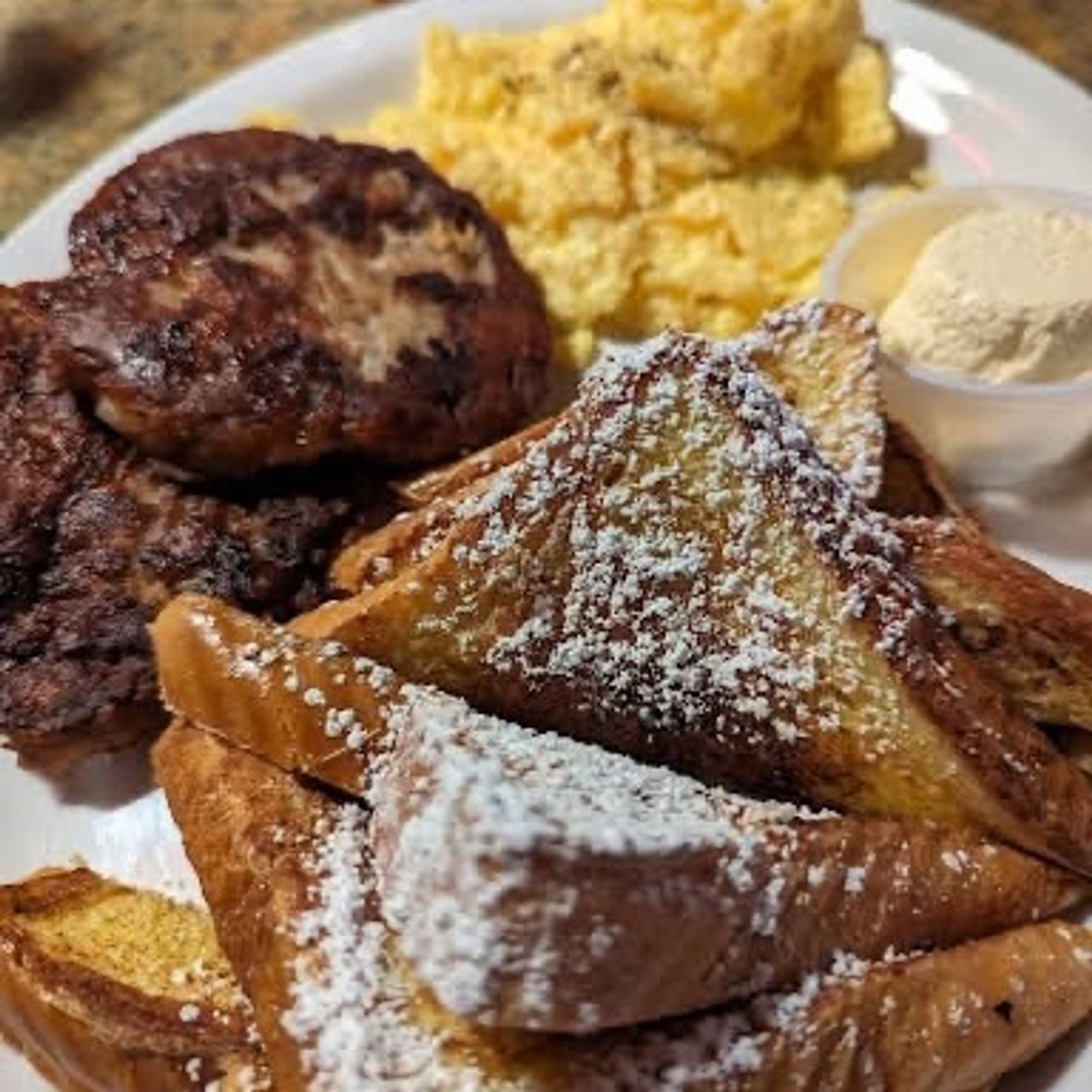 French Toast, 2 Eggs. (Bacon, Link or Patty Sausage, or Ham)