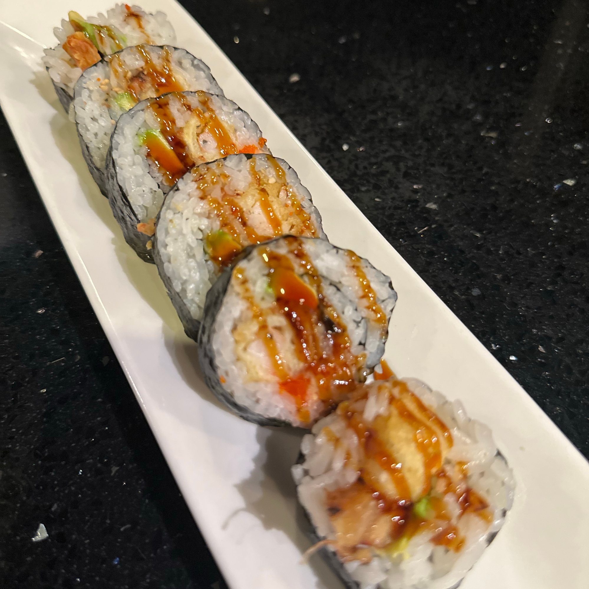 Inaka Roll, Tempura shrimp, avocado, eel and fish egg