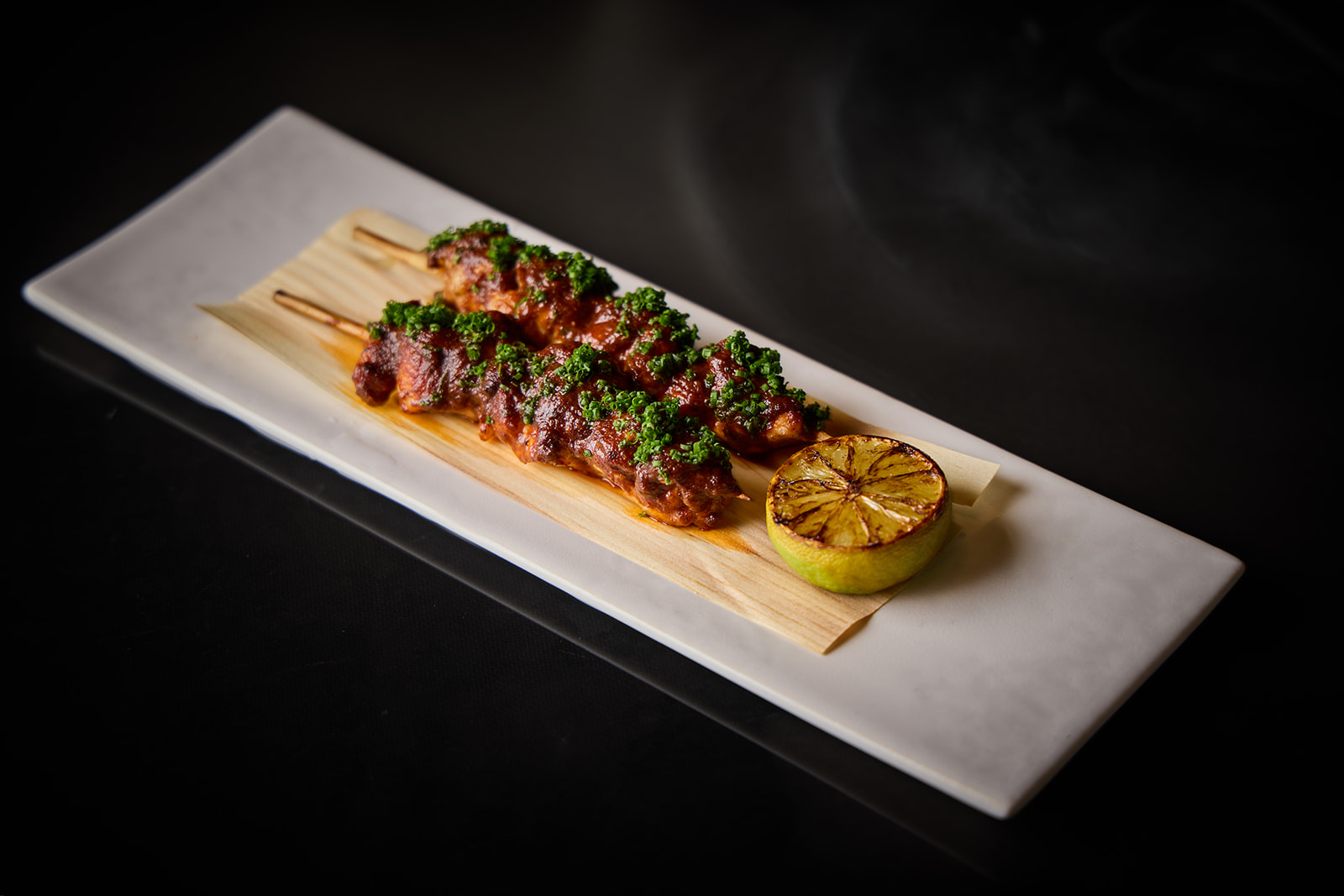 Fiery chicken with anticucho of  Peruvian ají panca & sake