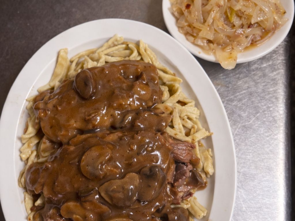 Marinated Beef Over Kluski Noodles