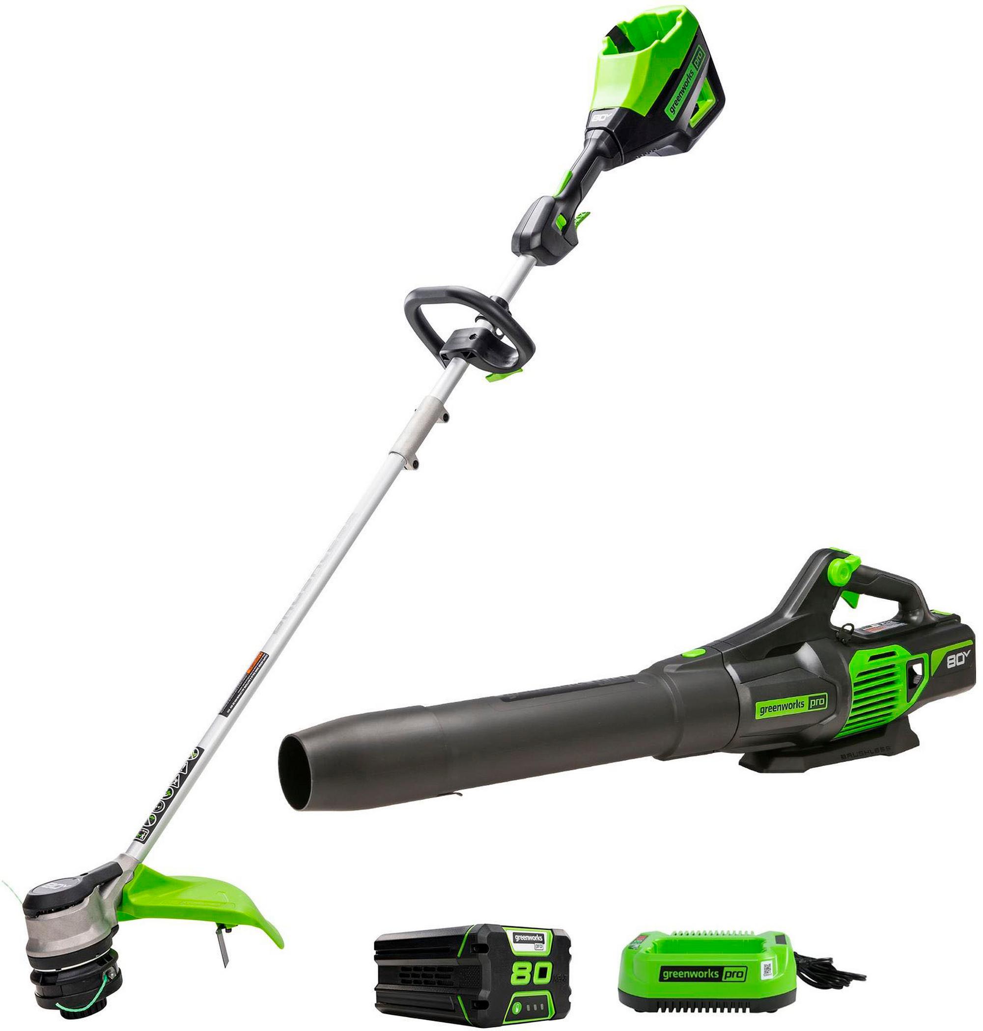 80 Volt 16-Inch Cutting Diameter Straight Shaft Grass Trimmer and Axial Blower (1 x 2.0Ah Battery an
