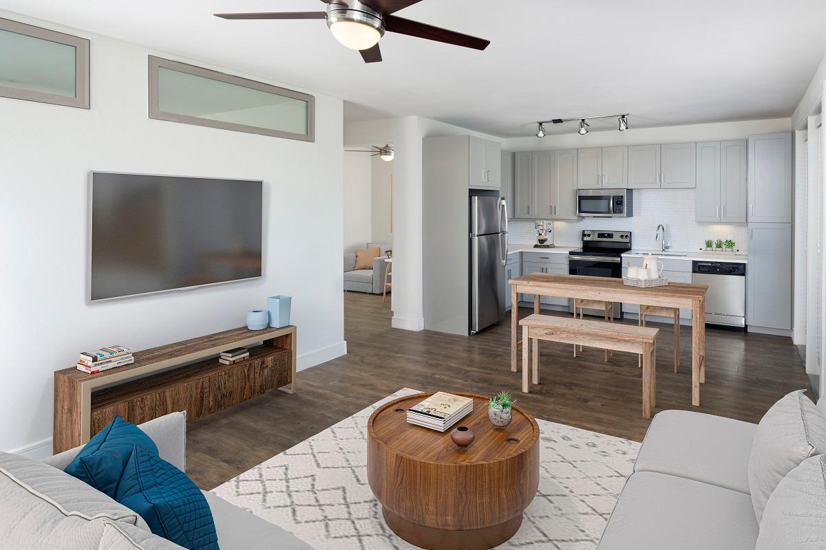 Flats gray style kitchen and living room with wood-style flooring