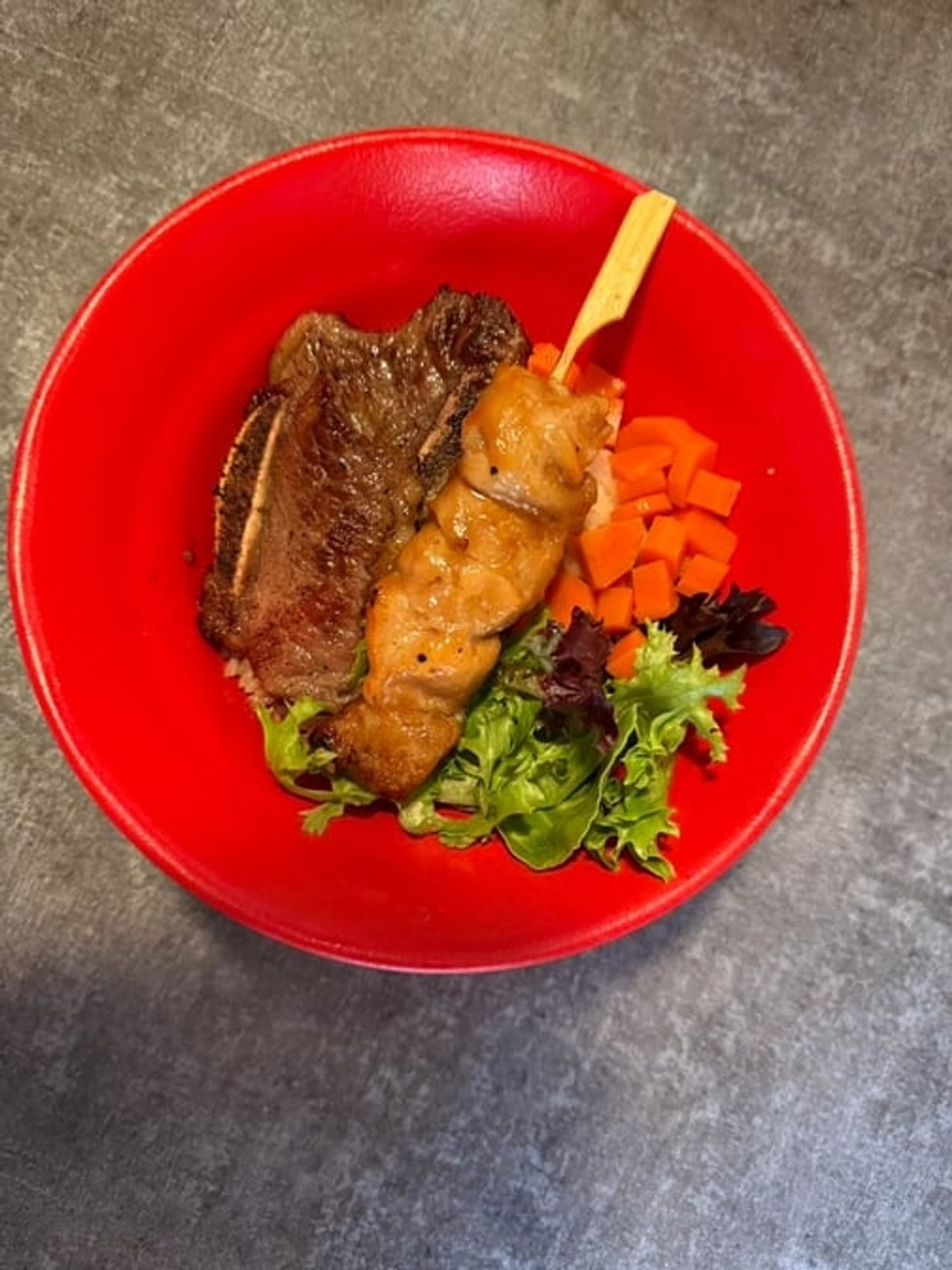 Beef Kalbi and Chicken Skewer Over Rice