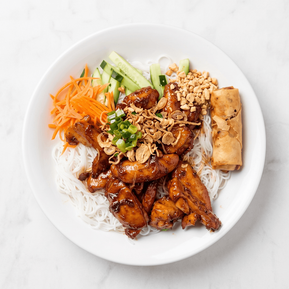 Rice Vermicelli with Charbroiled Chicken & Egg Rolls