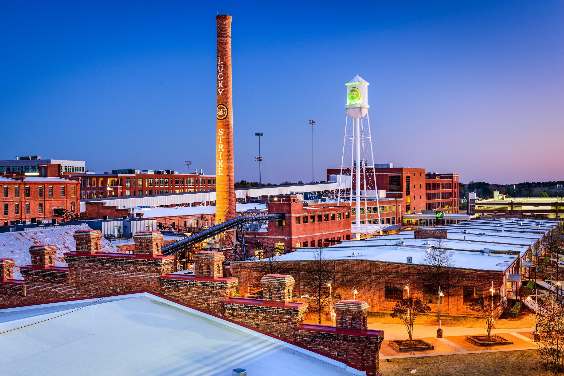 Downtown Durham at night.