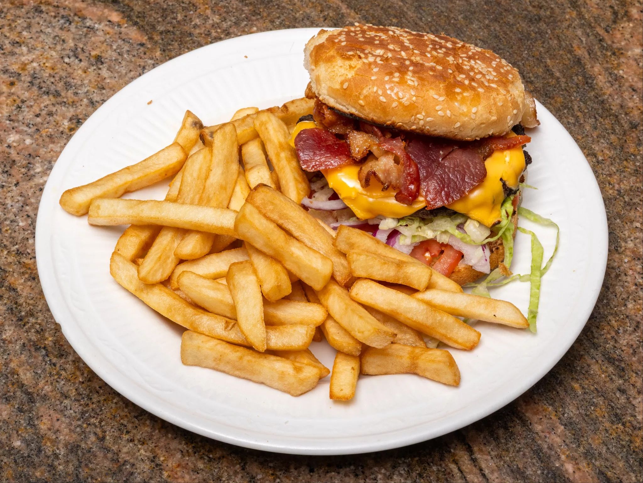 # 2 Crispy Bacon, American Cheese, Lettuce, Tomato & Onions