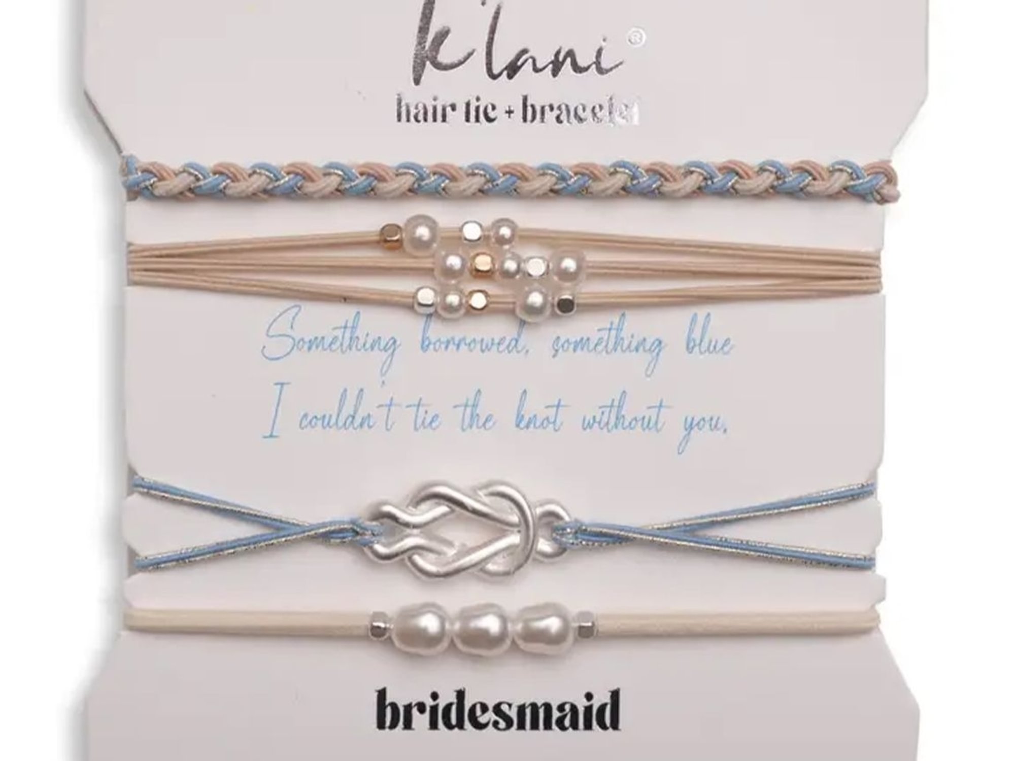 "Bridesmaid" Cream and Blue with Pearl Accent Hair Tie Bracelets