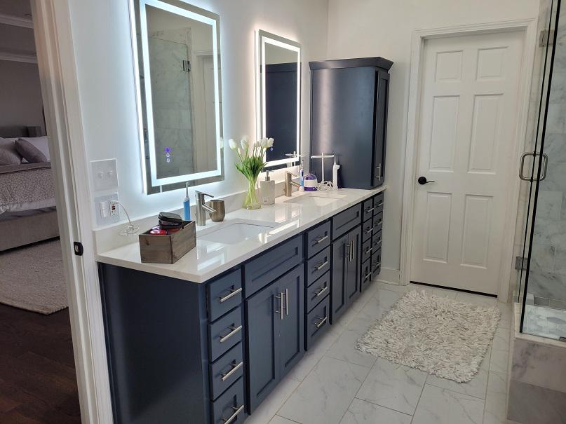 Got the blues? Who says that's a bad thing? Check out this Leawood bathroom! We did Blue Cabinets to contrast the brightness of this space-and it looks amazing!