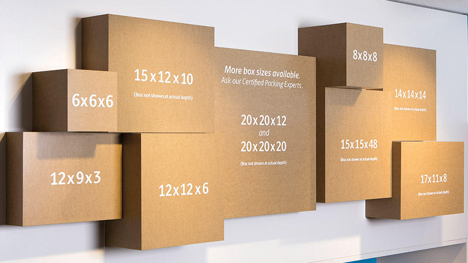 Display of shipping boxes in various sizes