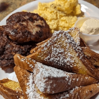French Toast, 2 Eggs. (Bacon, Link or Patty Sausage, or Ham)