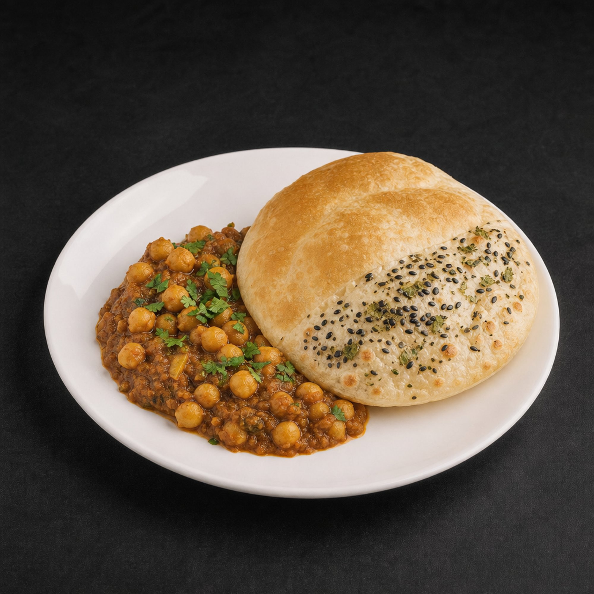 Spicy Chickpeas Chole  & Fried Bhatura Bread or Fermented Kulcha