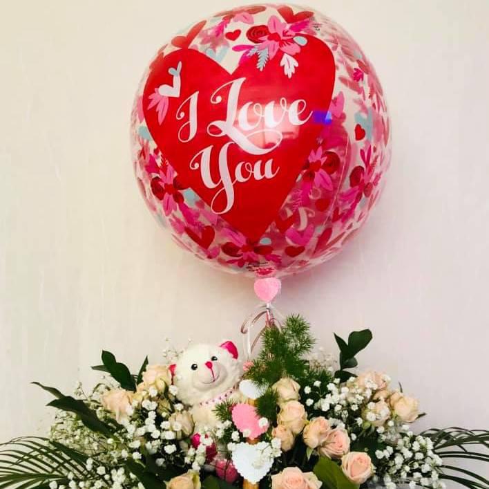 BeMine Light Pink Roses Basket with Bear & Balloon