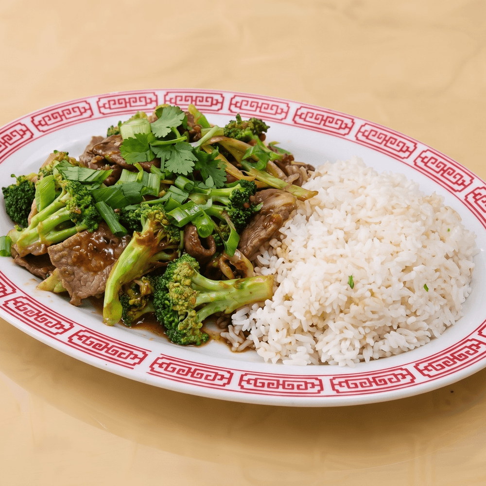 Stir Fried Chinese Broccoli Beef Rice Plate