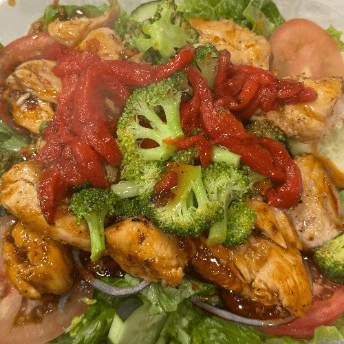 Asian Sweet Chili Chicken Salad with broccoli and roasted peppers
